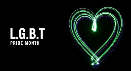 LGBT Pride Month Text with Green and Purple Heart Made of Light Streaks LGBT