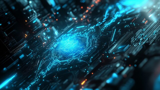 Futuristic command center with blue neon glows. AI image