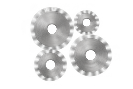 Grouping of shiny metal circular saw blades and abrasive cutting discs for industrial use. Transparent background