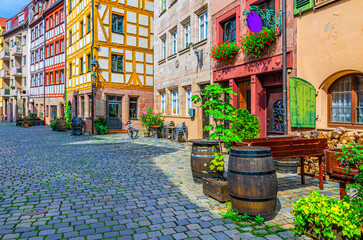 Old town Nuremberg city historical center, pedestrian street Tanner's Lane Weißgerbergasse with old medieval buildings colorful half-timbered houses, Middle Franconia region, Bavaria state, Germany