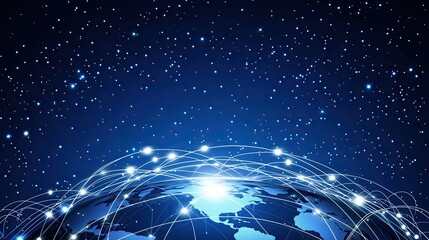 A colorful display of digital networks connecting different regions, illustrating the flow of information and technology across the globe