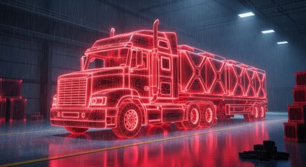 Red wireframe big rig truck in a warehouse with rain and boxes creating a high tech futuristic scene conveying logistics and shipping