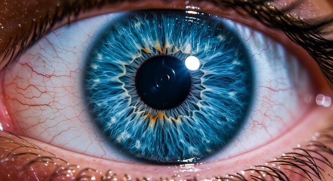 Detailed extreme closeup of a striking blue human eye, highlighting the complex patterns within the iris and the clarity of vision