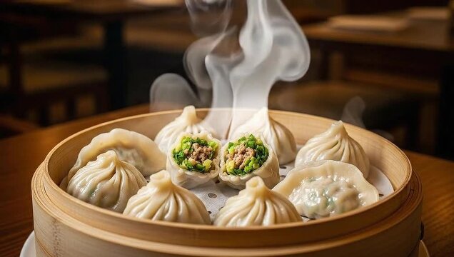 Steaming hot dumplings in a bamboo steamer, ready to be enjoyed