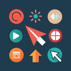 Cursor icons set; arrow forms, mouse click cursor set, arrow, and hand pointer. 