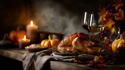 Warm Thanksgiving scene with roasted turkey and autumn decorations