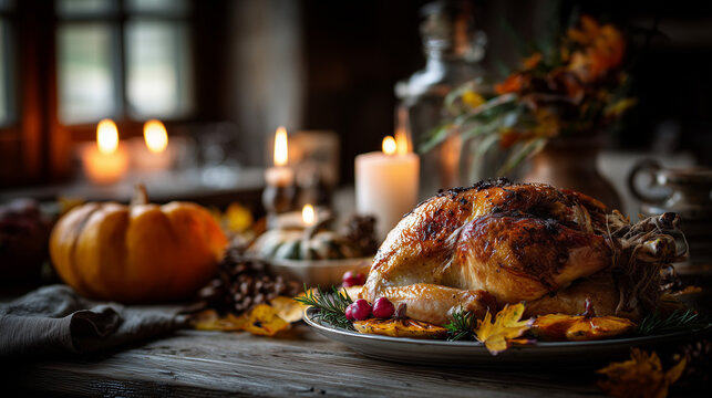 Golden turkey surrounded by pumpkins in cozy holiday setting - Powered by Adobe