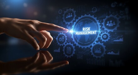 Hand touching a digital interface displaying risk management with gears and icons, representing business strategy and corporate security