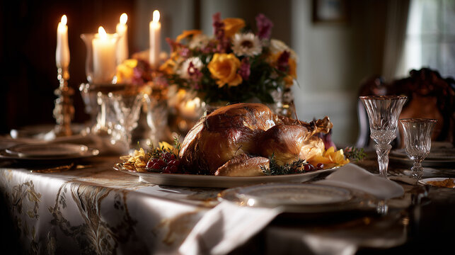 Roasted whole turkey served on festive and refined table