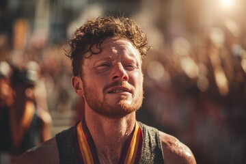 Marathon Runner Receiving Medal Amidst Cheering Crowd and Bright Sunlight