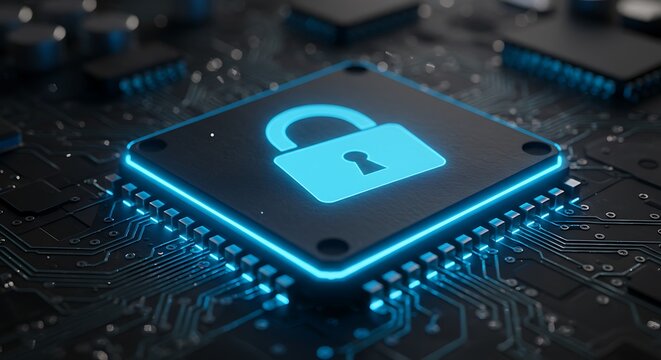 Digital padlock icon glowing on a computer chip, symbolizing cybersecurity and data protection in a modern technological world