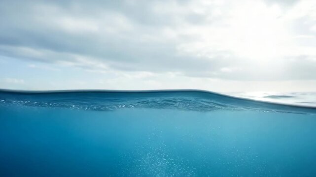 Split level ocean view serene blue water surface with gentle waves and cloudy sky above and clear