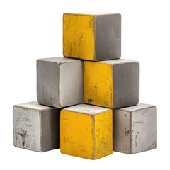 A tower of blocks in yellow and gray, stacked in a balanced formation, isolated on transparent background