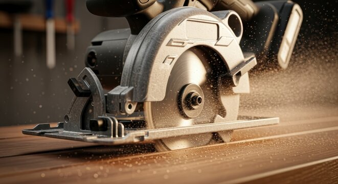A close-up of a circular saw cutting through wood, with sawdust flying, showcasing precision and the power of tools in woodworking.