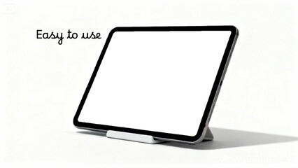 Modern tablet device with blank screen on a stand with the words easy to use