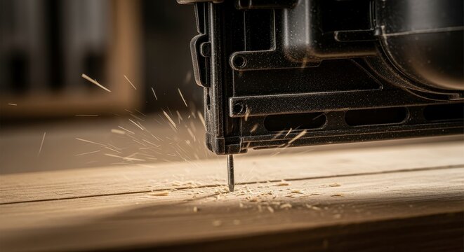 A close-up of a nail gun driving a nail into wood, with sparks flying, showcasing the precision and power of the tool in action.