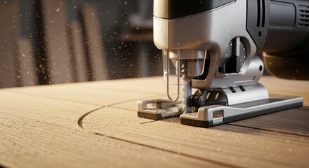 A close-up of a jigsaw cutting through wood, creating fine dust particles in the air, showcasing precision in woodworking.