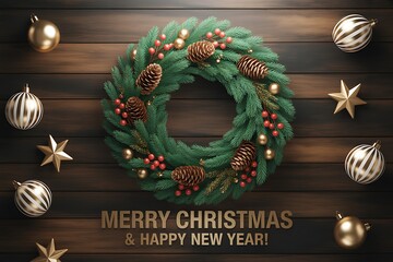 Festive christmas wreath with ornaments and pine cones on a rustic wooden background