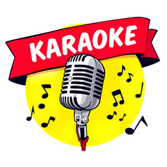 Karaoke microphone with musical notes on a yellow background isolated on transparent background, perfect for singing