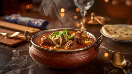 A steaming Indian curry served in an ornate copper handi, garnished with herbs and sliced onions, set on a luxurious table with naan and festive décor in the background.
