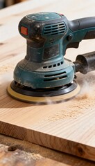 A close-up of an electric sander in action on wood, creating fine dust, showcasing woodworking and craftsmanship.
