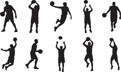 Basketball player silhouettes set showing various action poses and movements