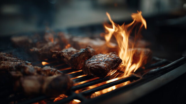 Barbecue meat searing on grill in close-up view