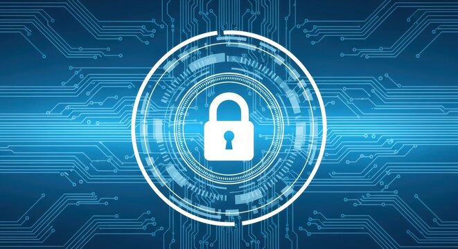 Digital data protection abstract background showing a security padlock symbolizing network and internet safety for privacy and confidential information