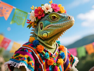 Vibrant iguana in colorful floral crown and traditional festive costume under bright papel picado decorations at a sunny outdoor celebration
