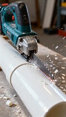 A power saw is cutting through a white PVC pipe, sending small shavings flying in a workshop setting.