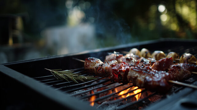 Grilled meat searing above lively barbecue flames