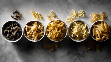 Selection of raw pasta shapes arranged in bowls on marble countertop