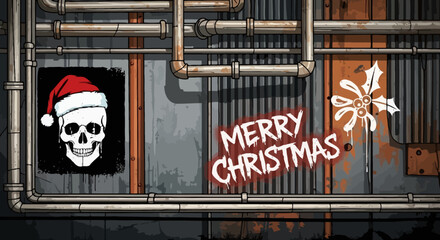 Edgy skull with Santa hat and graffiti-style 'Merry Christmas' greeting on a gritty industrial background