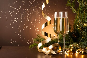 Two glasses of champagne with golden ribbon and christmas tree in the background