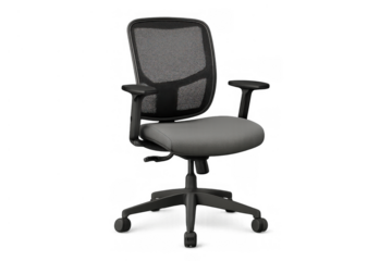 Ergonomic mesh office chair with grey seat and black frame, providing comfort and support for workspace environment