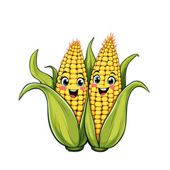 Two happy corn cobs with big eyes and smiles isolated on transparent background, a cute cartoon illustration