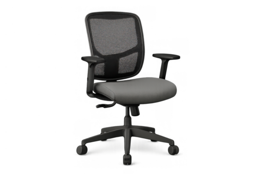 Ergonomic mesh office chair with grey seat and black frame, providing comfort and support for workspace environment