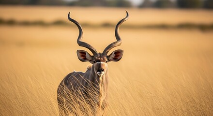 Kudu antelope with large spiraling horns in golden dry grass animal wildlife