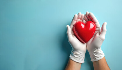Hands in medical gloves hold red heart model against light blue background. Image conveys healthcare surgery cardiology, love concepts. Suitable for medical promotions, disease prevention campaigns