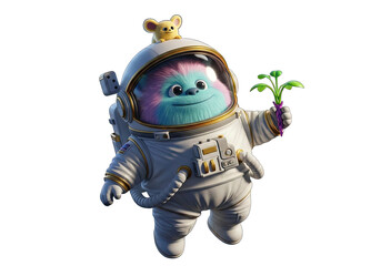 Astronaut Monster Exploring New Worlds and Carrying a Plant in Outer Space Adventure
