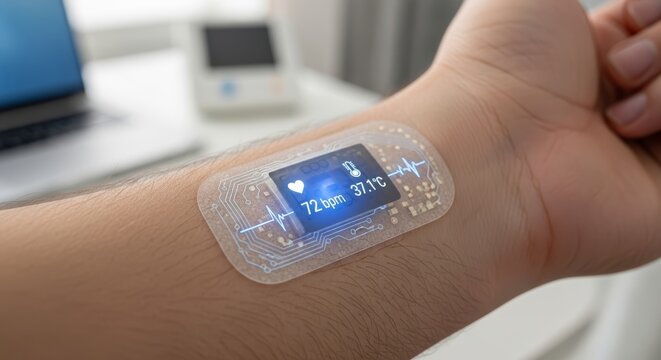 Innovative flexible wearable sensor patch monitoring vital signs on a human wrist, showcasing advanced health technology and real-time medical data for modern healthcare