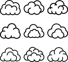 Collection of hand drawn cloud icons in outline style