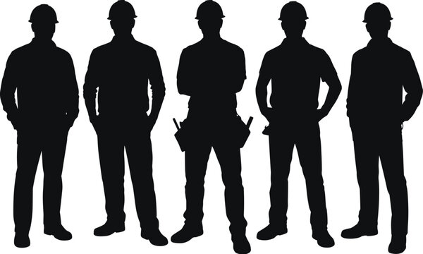 Silhouette group of construction workers wearing hard hats and tool belts, engineering labor workforce team illustration, industrial safety concept