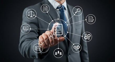Businessman interacting with a digital interface displaying a checklist and various business icons, symbolizing effective management