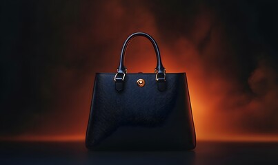 A black leather handbag with gold-tone hardware and dual handles, showcased against a dramatic dark-to-orange gradient background for a bold, luxurious presentation.
