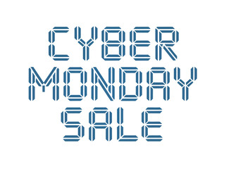 Cyber Monday sale banner with blue digital font on a white background, representing online shopping.