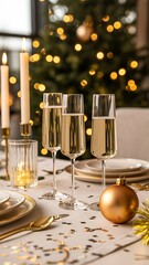Elegant christmas table setting with champagne glasses, ornaments, and festive decorations