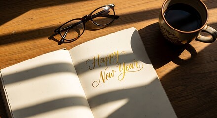 Open notebook with happy new year message next to coffee and glasses on a wooden table bathed in sunlight creating a warm and inviting atmosphere