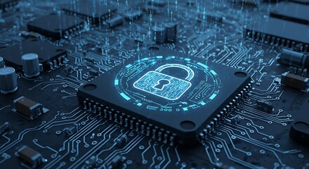 Closeup of a computer processor chip with a glowing padlock icon, representing digital security and data protection