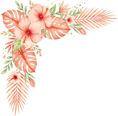 Tropical corner floral arrangement with pink hibiscus flowers and dried palm leaves watercolor illustration